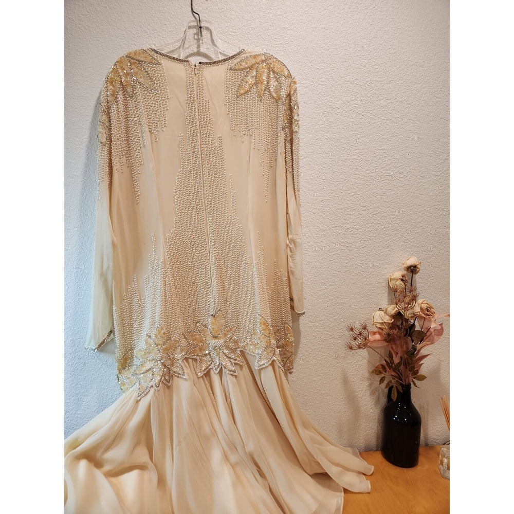 Vintage Hand Beaded Sequin Formal L Evening Gown Embellished Acetate Lined Dress - Picture 6 of 13